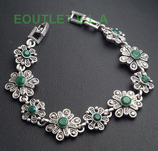 VINTAGE STYLE GREEN FLORAL SILVER BRACELET-18cm